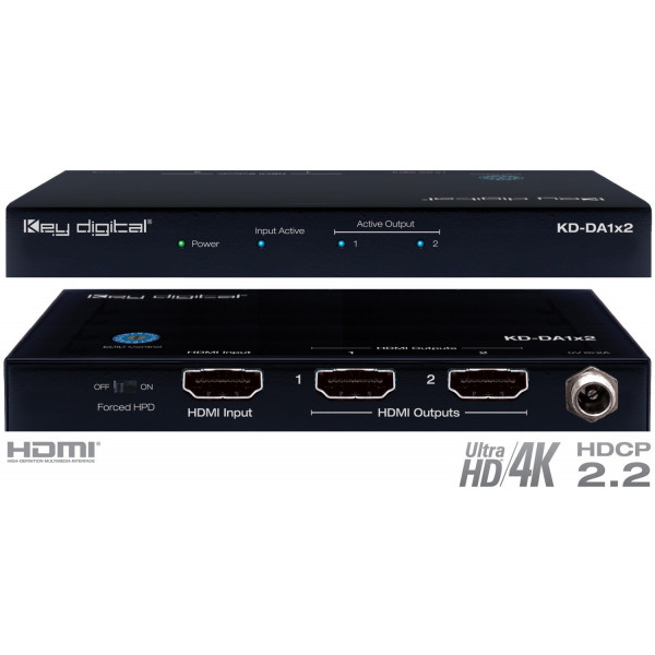 Key Digital KD-DA1x2 1 Input to 2 Outputs HDMI Distribution Amplifier, supports Ultra HD/4K & HDCP 2.2