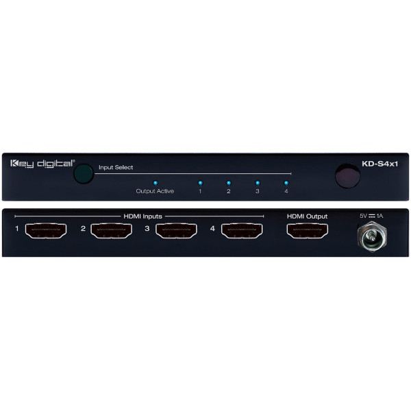 Key Digital KD-S4x1 4 Inputs to 1 Output HDMI Switcher, supports HDR10, HDCP2.2, Ultra HD/4K
